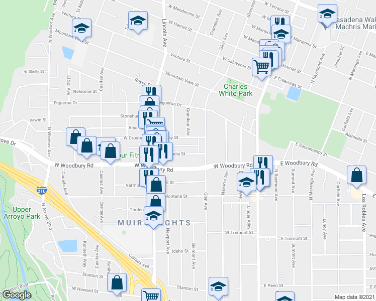map of restaurants, bars, coffee shops, grocery stores, and more near 281 Acacia Street in Altadena