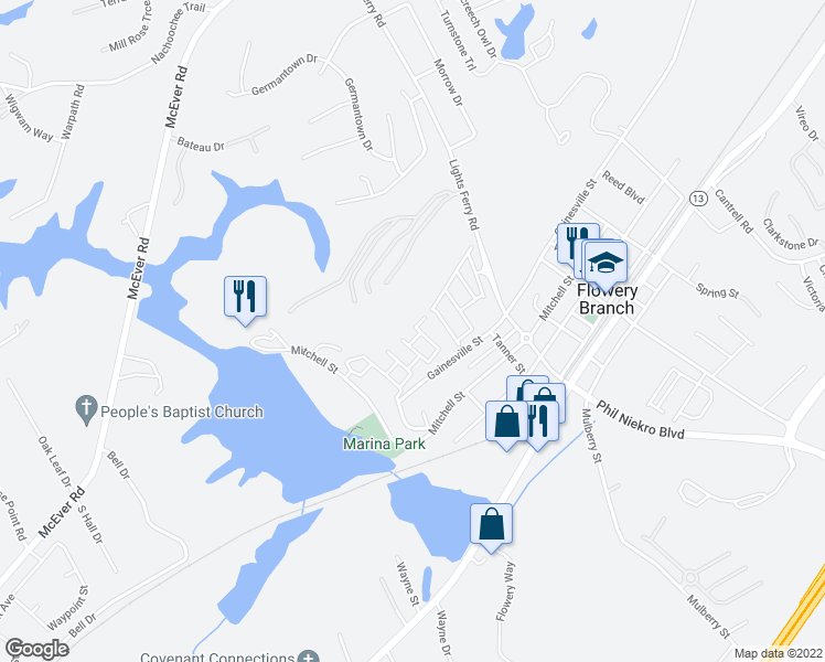 map of restaurants, bars, coffee shops, grocery stores, and more near 6645 Splashwater Drive in Flowery Branch