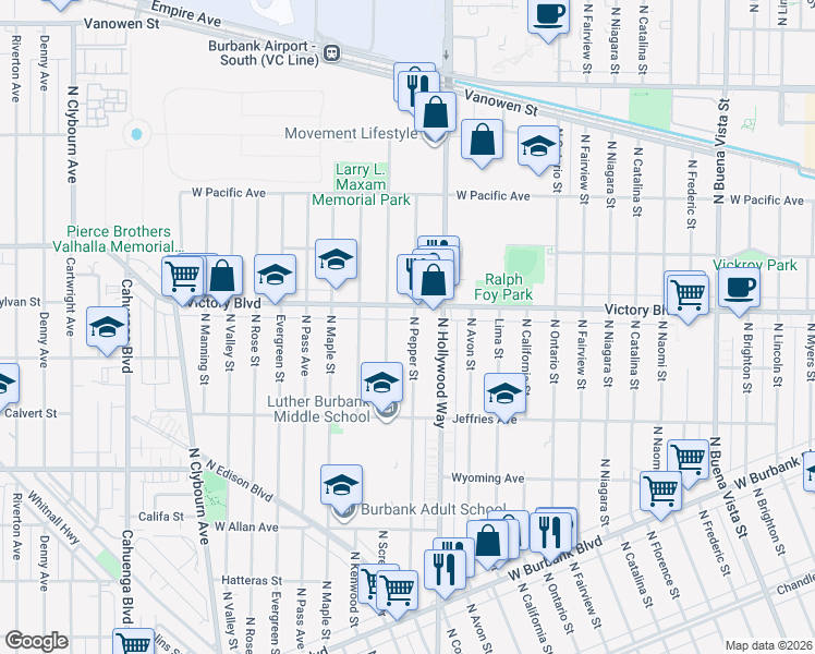 map of restaurants, bars, coffee shops, grocery stores, and more near 1933 North Pepper Street in Burbank