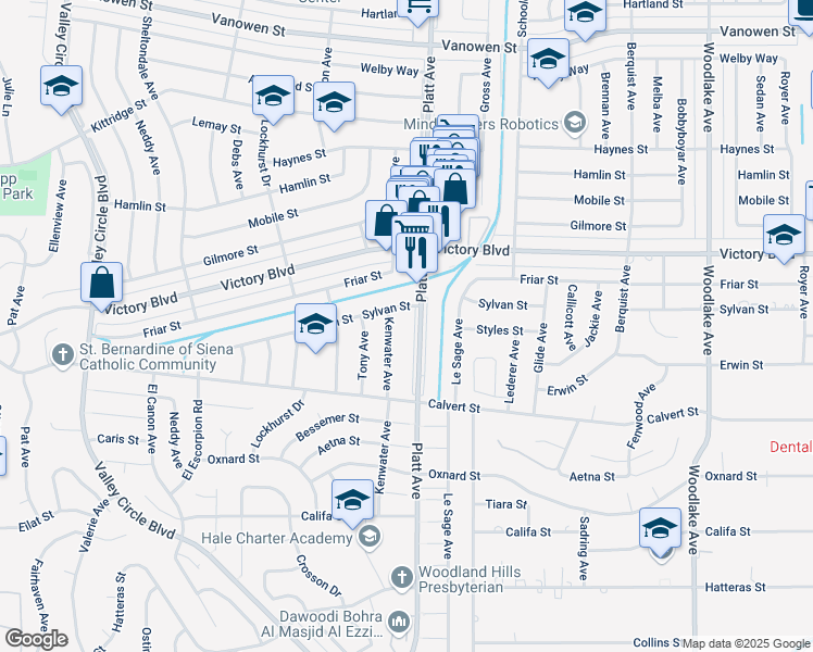 map of restaurants, bars, coffee shops, grocery stores, and more near 6229 Platt Avenue in Los Angeles