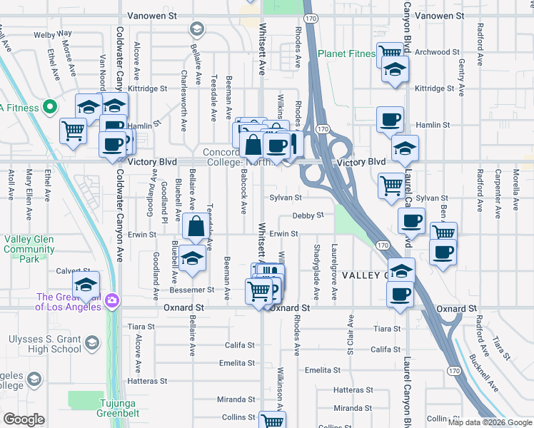 map of restaurants, bars, coffee shops, grocery stores, and more near 6213 Whitsett Avenue in Los Angeles