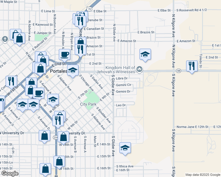 map of restaurants, bars, coffee shops, grocery stores, and more near 816 South Elgin Avenue in Portales