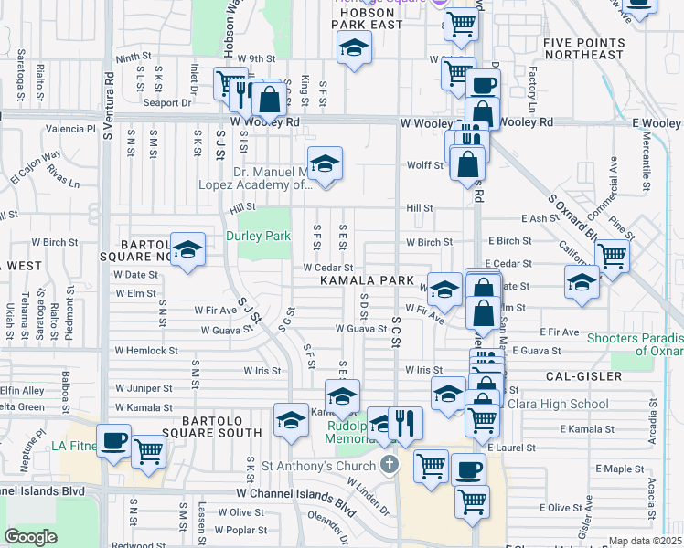 map of restaurants, bars, coffee shops, grocery stores, and more near 600 West Cedar Street in Oxnard