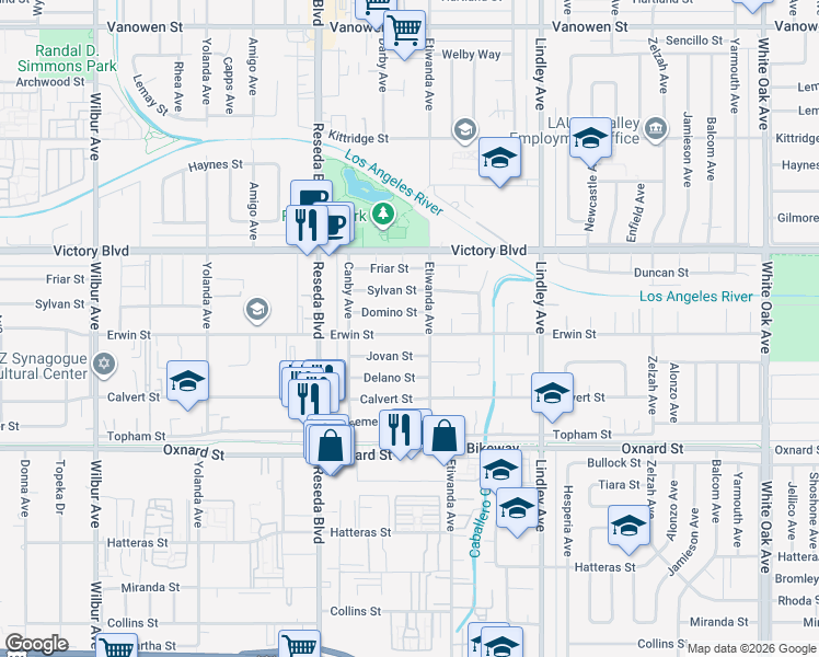 map of restaurants, bars, coffee shops, grocery stores, and more near 18319 Erwin Street in Los Angeles