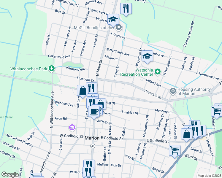 map of restaurants, bars, coffee shops, grocery stores, and more near Henry Street in Marion