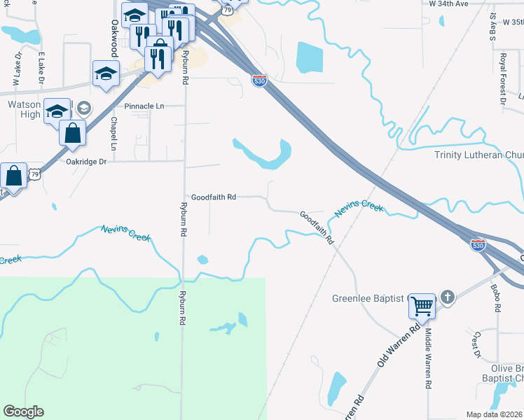 map of restaurants, bars, coffee shops, grocery stores, and more near 4904 Goodfaith Road in Pine Bluff