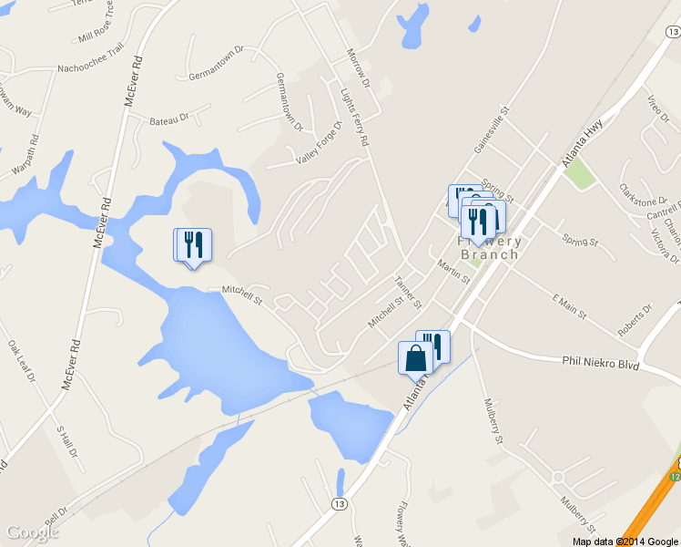 map of restaurants, bars, coffee shops, grocery stores, and more near 6628 Splashwater Drive in Flowery Branch