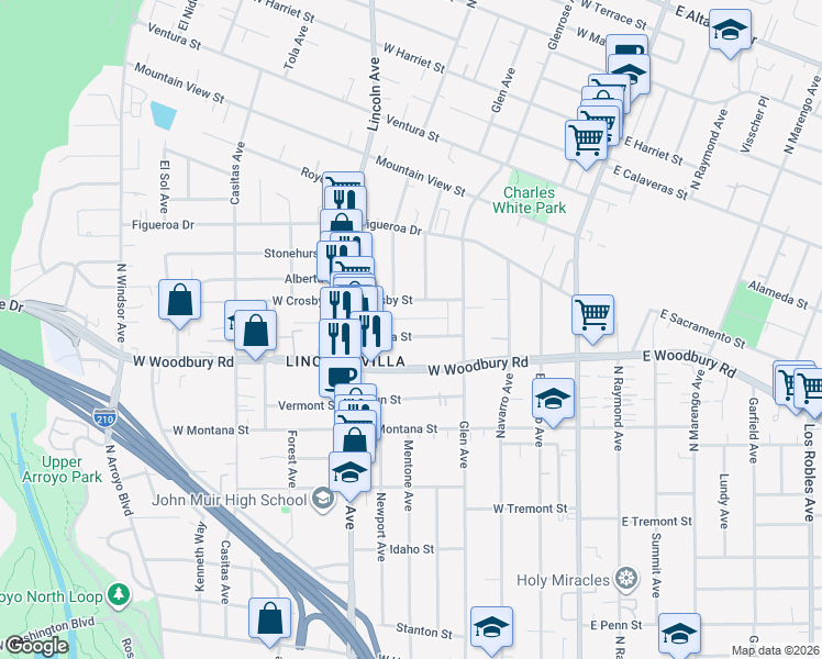 map of restaurants, bars, coffee shops, grocery stores, and more near 309 Acacia Street in Altadena