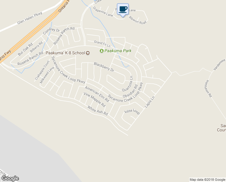 map of restaurants, bars, coffee shops, grocery stores, and more near 3860 Obsidian Road in San Bernardino