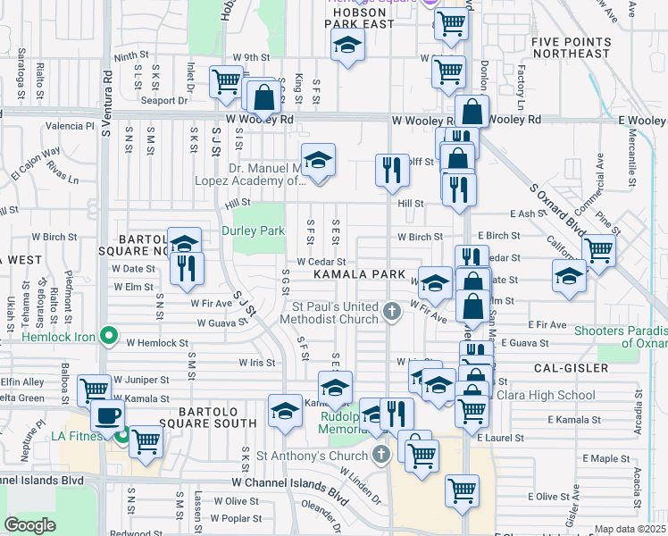 map of restaurants, bars, coffee shops, grocery stores, and more near 600 West Cedar Street in Oxnard