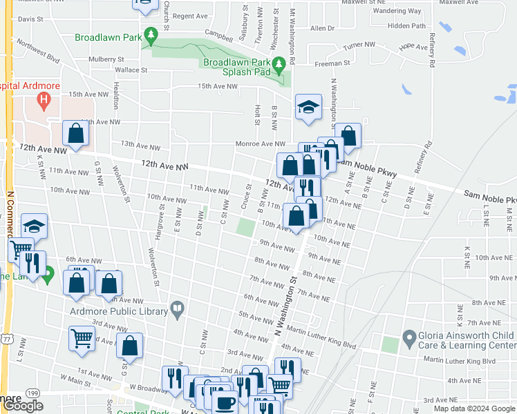 map of restaurants, bars, coffee shops, grocery stores, and more near 204 11th Avenue Northwest in Ardmore