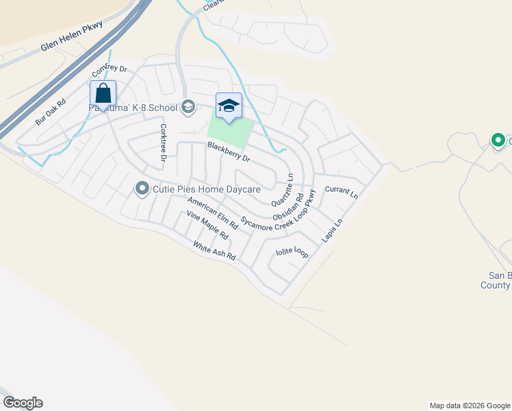 map of restaurants, bars, coffee shops, grocery stores, and more near 3910 Obsidian Road in San Bernardino
