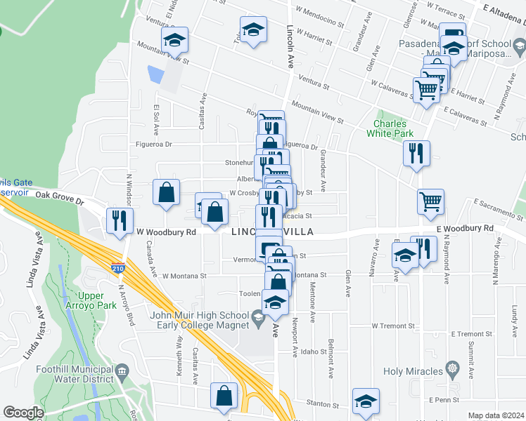 map of restaurants, bars, coffee shops, grocery stores, and more near 476 Alvey Street in Altadena