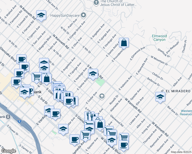 map of restaurants, bars, coffee shops, grocery stores, and more near 711 East Providencia Avenue in Burbank
