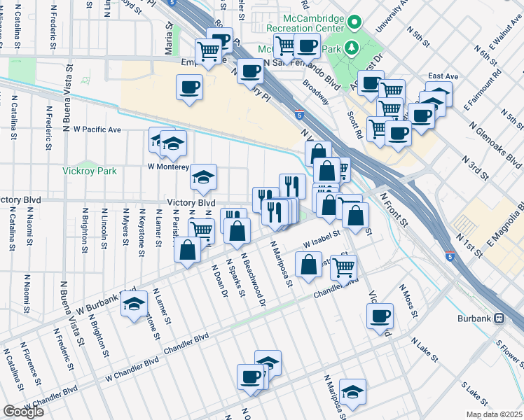 map of restaurants, bars, coffee shops, grocery stores, and more near 1110 North Griffith Park Drive in Burbank