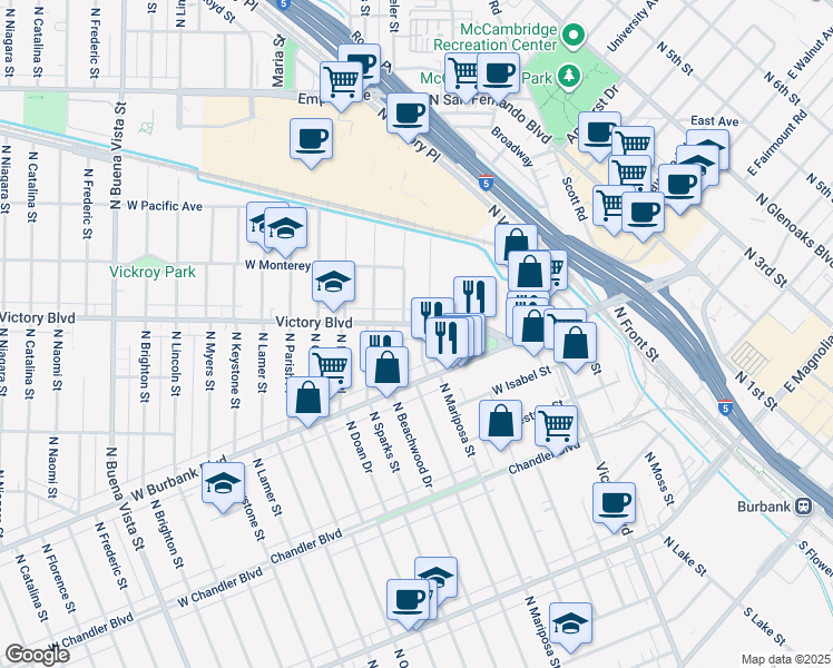 map of restaurants, bars, coffee shops, grocery stores, and more near 1110 North Griffith Park Drive in Burbank