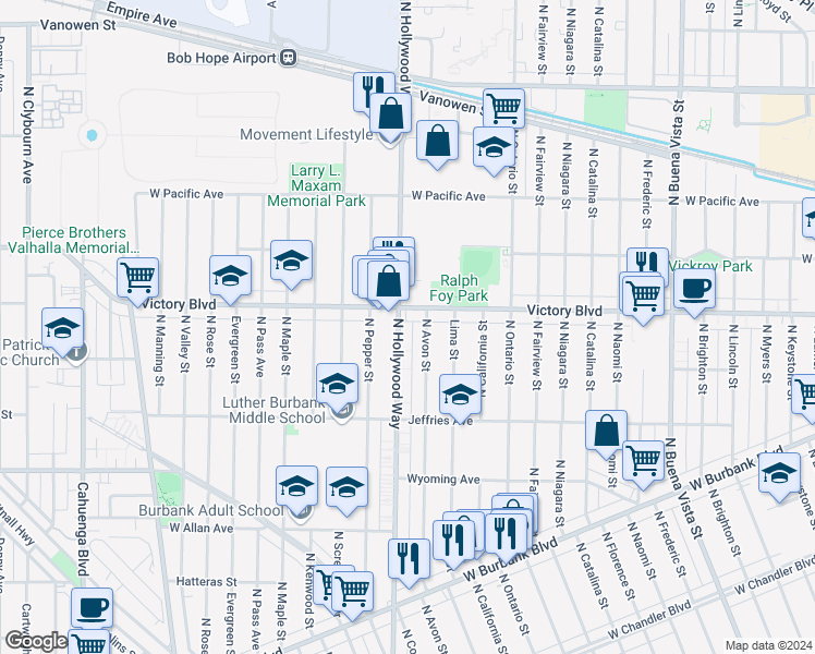 map of restaurants, bars, coffee shops, grocery stores, and more near 1817 North Avon Street in Burbank