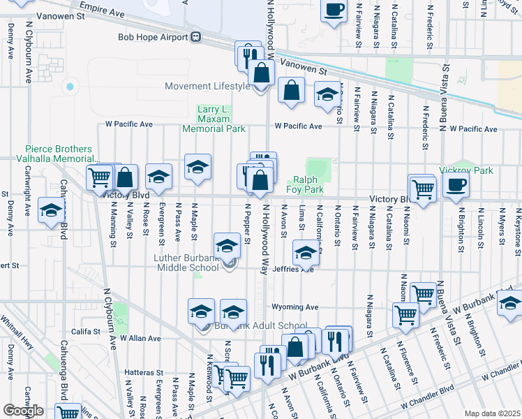 map of restaurants, bars, coffee shops, grocery stores, and more near 1916 North Pepper Street in Burbank