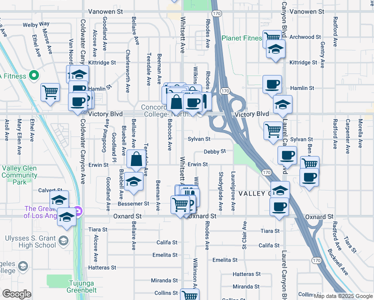 map of restaurants, bars, coffee shops, grocery stores, and more near 6213 Whitsett Avenue in Los Angeles
