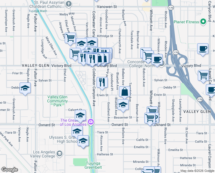 map of restaurants, bars, coffee shops, grocery stores, and more near 6215 Goodland Place in Los Angeles