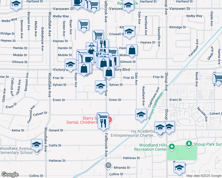 map of restaurants, bars, coffee shops, grocery stores, and more near 6222 Fallbrook Avenue in Los Angeles