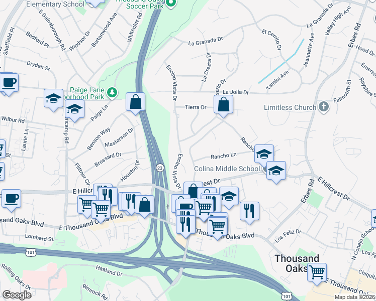 map of restaurants, bars, coffee shops, grocery stores, and more near 1209 Encino Vista Court in Thousand Oaks
