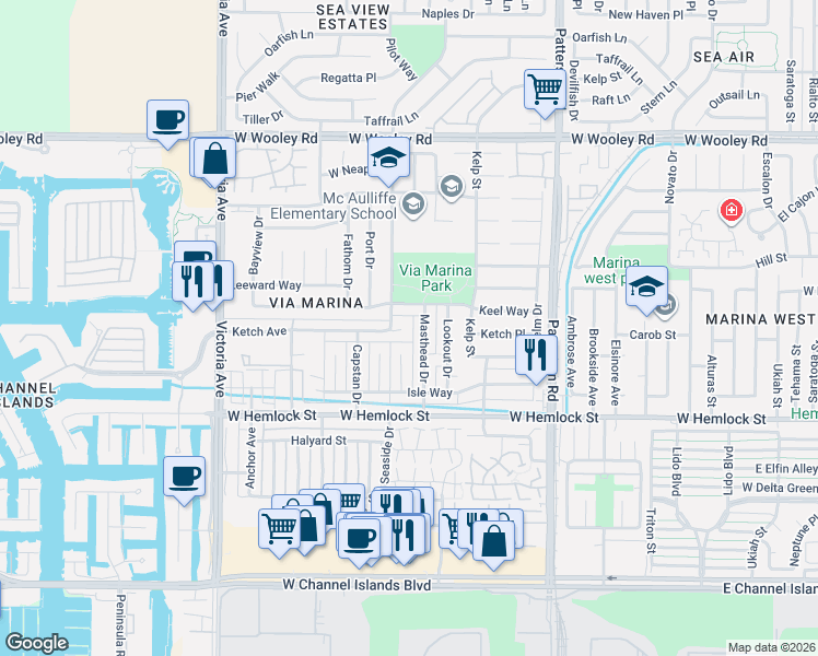 map of restaurants, bars, coffee shops, grocery stores, and more near 1730 Narrows Court in Oxnard