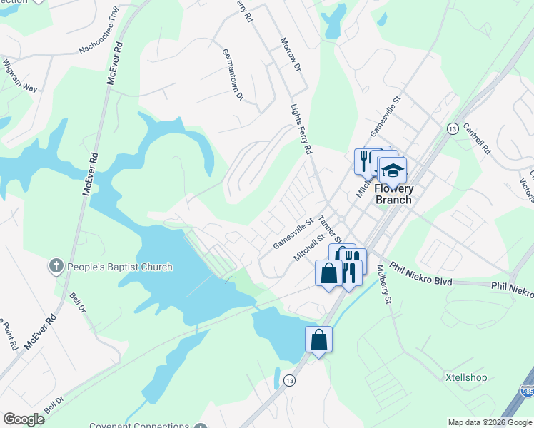 map of restaurants, bars, coffee shops, grocery stores, and more near 6645 Splashwater Drive in Flowery Branch