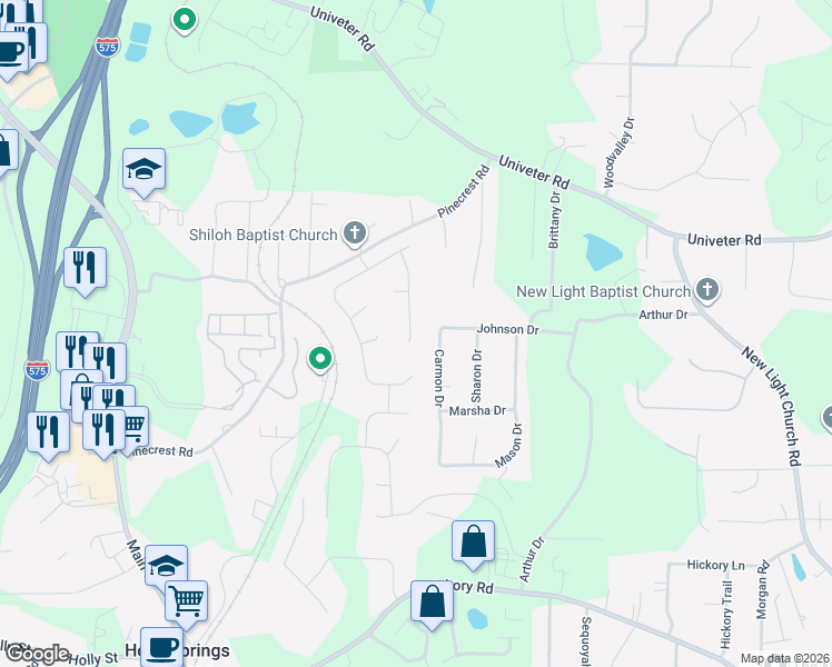 map of restaurants, bars, coffee shops, grocery stores, and more near 323 Split Rail Way in Canton