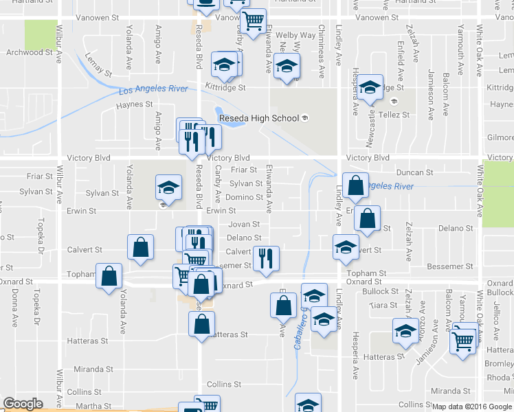 map of restaurants, bars, coffee shops, grocery stores, and more near 18319 Erwin Street in Los Angeles