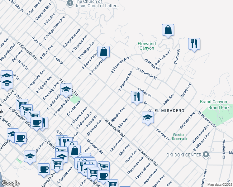 map of restaurants, bars, coffee shops, grocery stores, and more near Alameda Avenue in Burbank