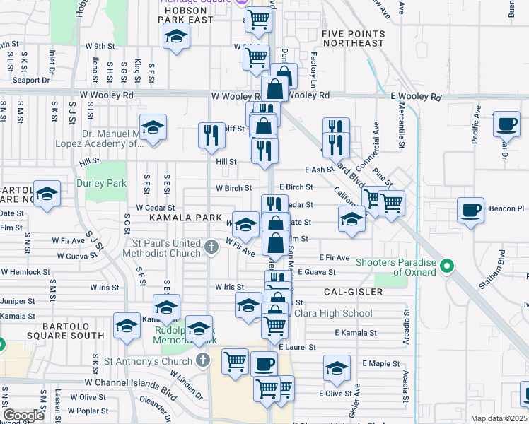 map of restaurants, bars, coffee shops, grocery stores, and more near 120 West Date Street in Oxnard