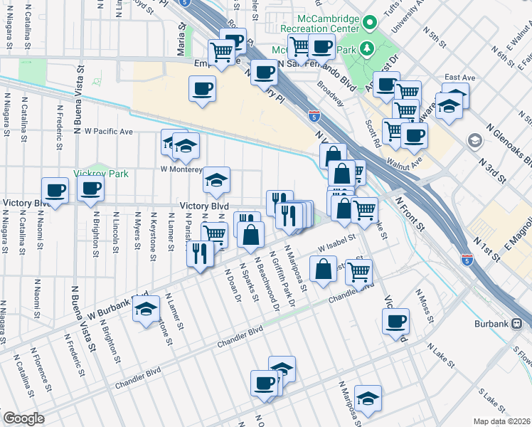 map of restaurants, bars, coffee shops, grocery stores, and more near 1118 North Beachwood Drive in Burbank