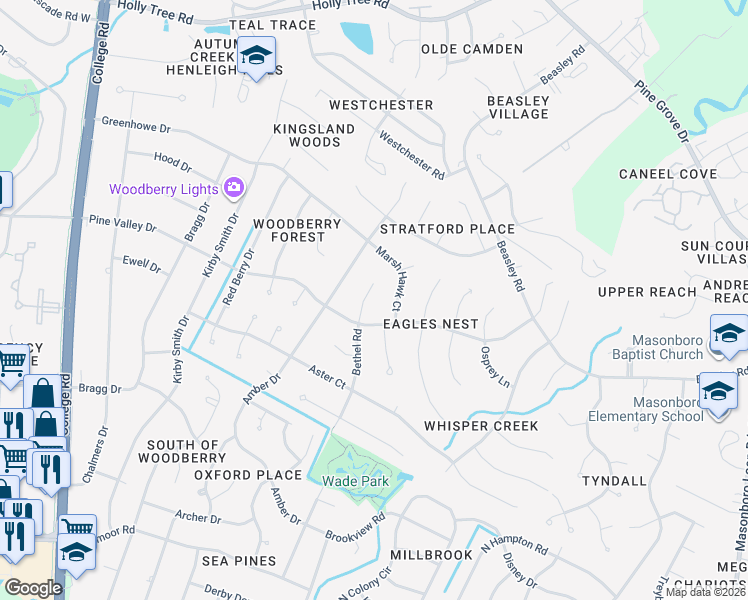 map of restaurants, bars, coffee shops, grocery stores, and more near 3418 Marsh Hawk Court in Wilmington