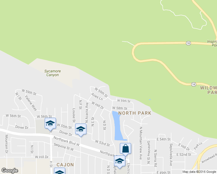 map of restaurants, bars, coffee shops, grocery stores, and more near 5966 Acacia Court in San Bernardino