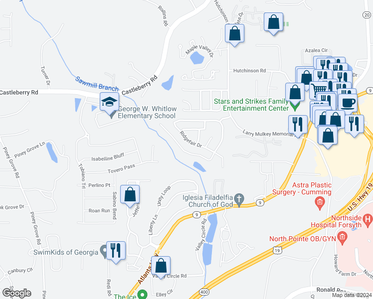 map of restaurants, bars, coffee shops, grocery stores, and more near 3465 Ridgefair Drive in Cumming