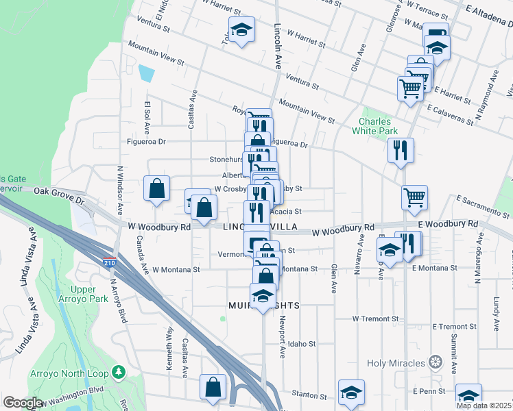 map of restaurants, bars, coffee shops, grocery stores, and more near 2297 Glenrose Avenue in Altadena