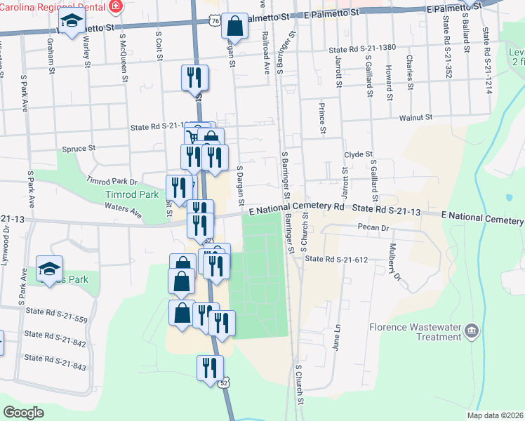map of restaurants, bars, coffee shops, grocery stores, and more near 100-116 East National Cemetery Road in Florence