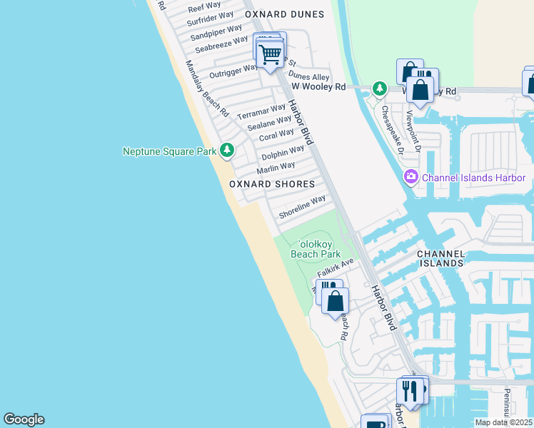 map of restaurants, bars, coffee shops, grocery stores, and more near 1551 Mandalay Beach Road in Oxnard