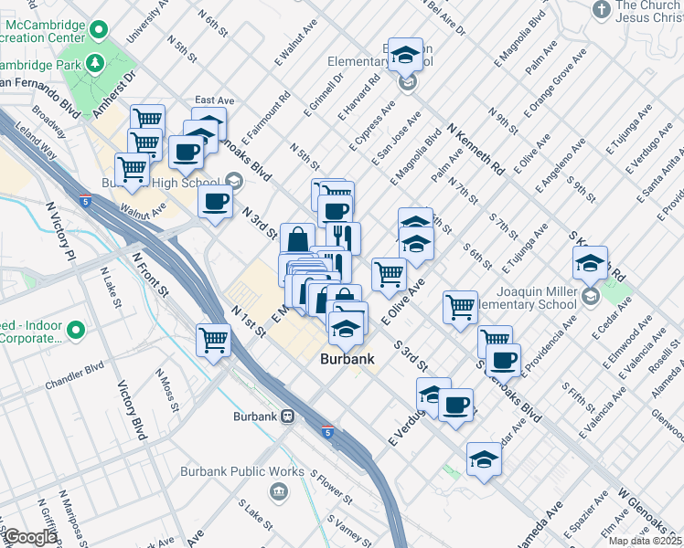 map of restaurants, bars, coffee shops, grocery stores, and more near 303 South Glenoaks Boulevard in Burbank