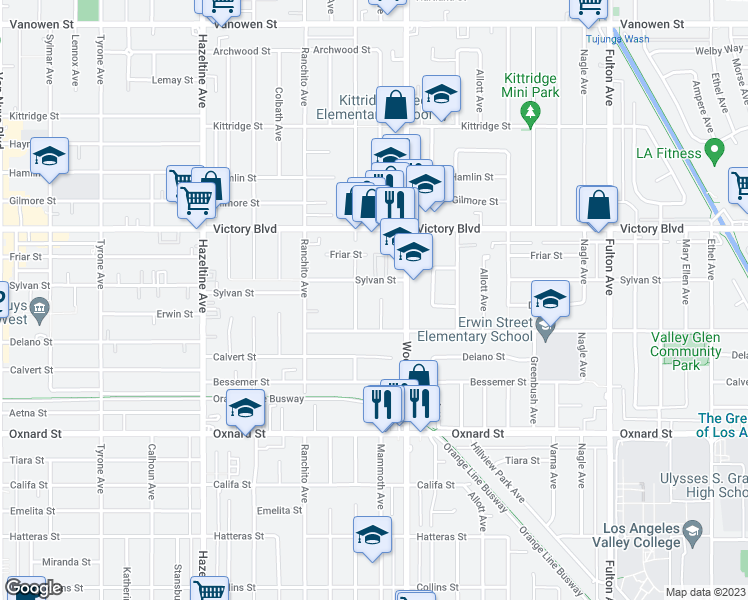map of restaurants, bars, coffee shops, grocery stores, and more near 6241 Mammoth Avenue in Los Angeles
