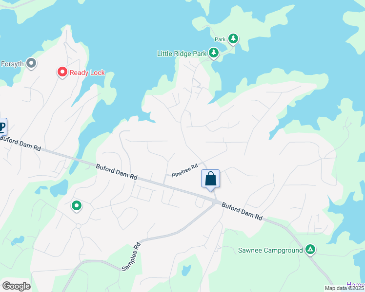 map of restaurants, bars, coffee shops, grocery stores, and more near 2875 Lanier Beach South Road in Cumming