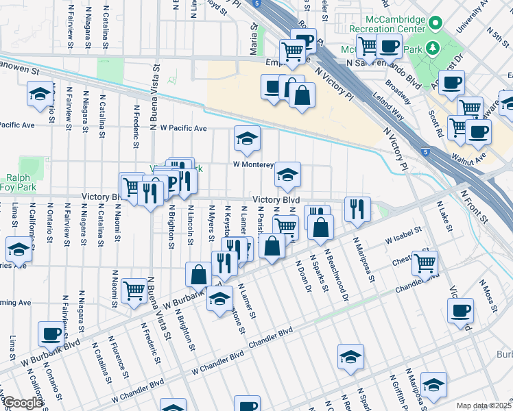 map of restaurants, bars, coffee shops, grocery stores, and more near 1141 North Parish Place in Burbank