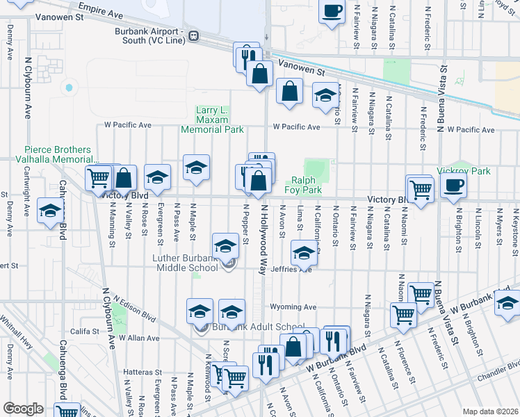 map of restaurants, bars, coffee shops, grocery stores, and more near 1939 North Hollywood Way in Burbank