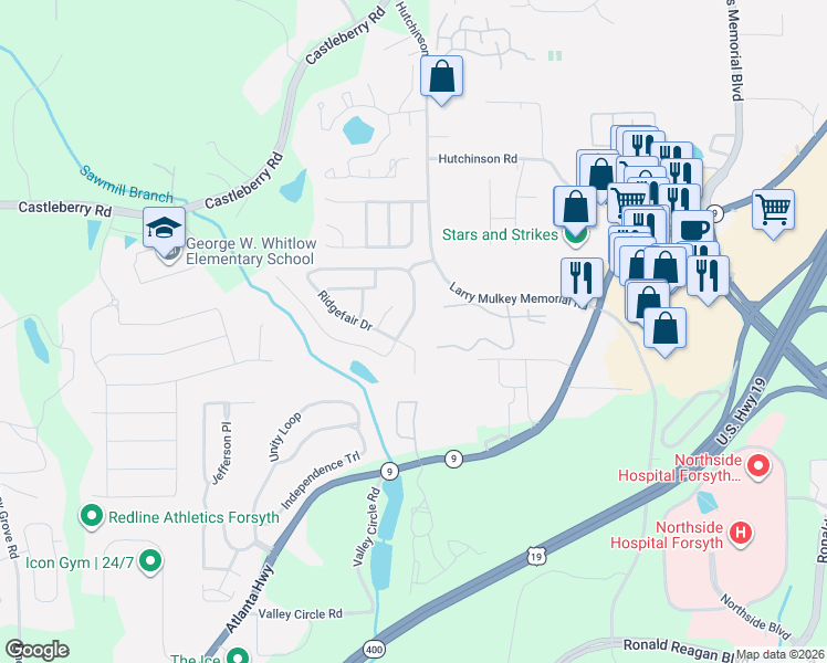 map of restaurants, bars, coffee shops, grocery stores, and more near 3692 Claredun Court in Cumming