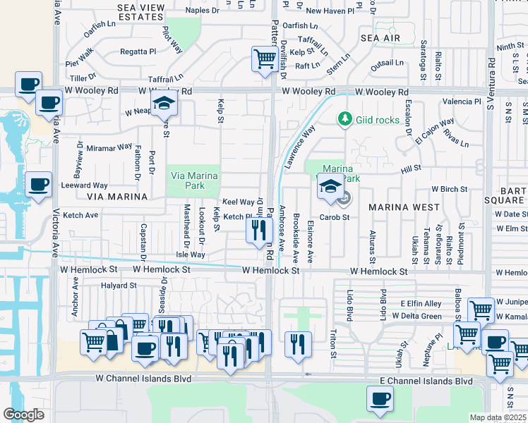 map of restaurants, bars, coffee shops, grocery stores, and more near 1630 Helm Drive in Oxnard