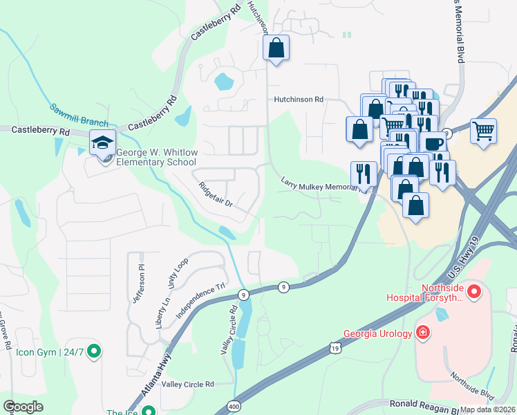 map of restaurants, bars, coffee shops, grocery stores, and more near 3740 Ridgefair Drive in Cumming