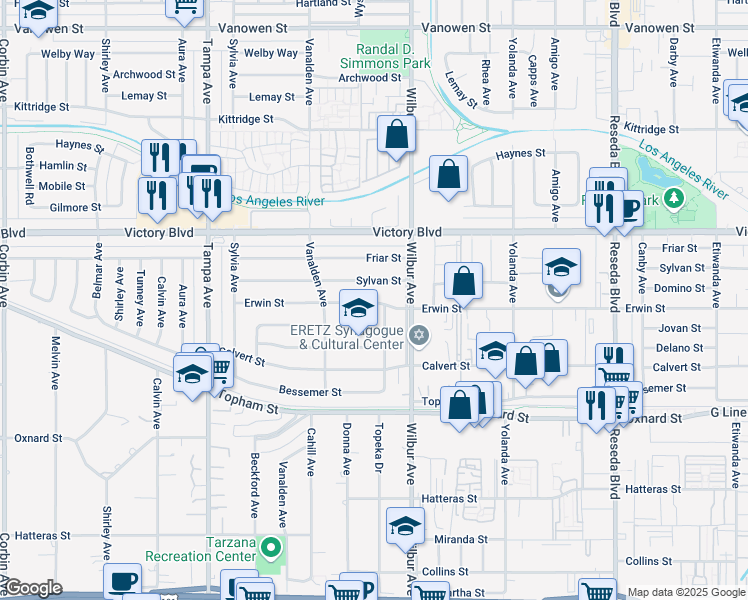 map of restaurants, bars, coffee shops, grocery stores, and more near 18930 Erwin Street in Los Angeles