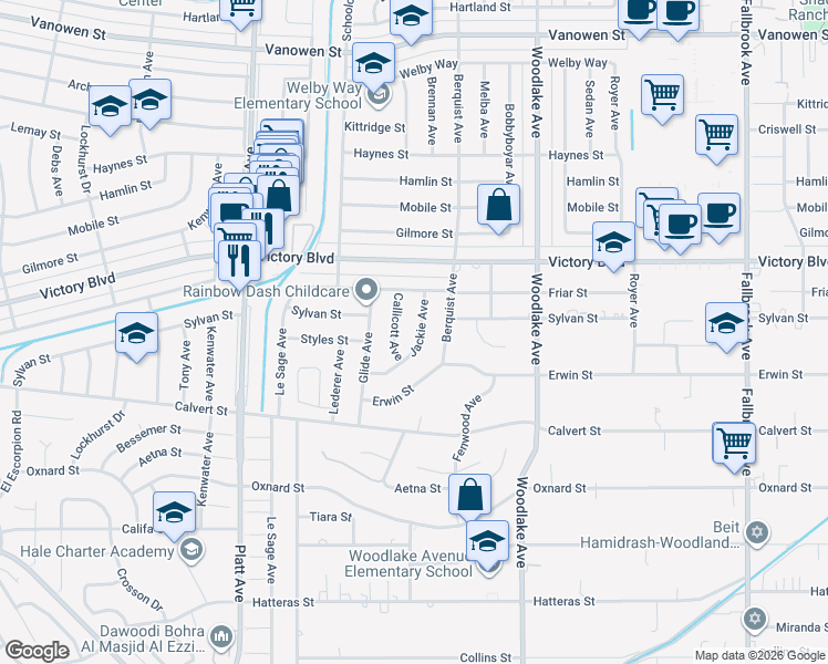 map of restaurants, bars, coffee shops, grocery stores, and more near 6250 Callicott Avenue in Los Angeles