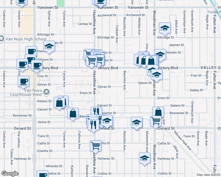 map of restaurants, bars, coffee shops, grocery stores, and more near 6219 Colbath Avenue in Los Angeles